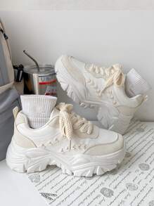 Stitch Detail Lace-up Front Chunky Sneakers - White - View 1
