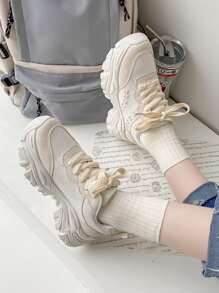 Stitch Detail Lace-up Front Chunky Sneakers - White - View 2