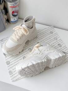 Stitch Detail Lace-up Front Chunky Sneakers - White - View 3