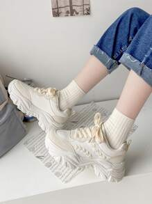 Stitch Detail Lace-up Front Chunky Sneakers - White - View 4