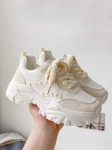 Stitch Detail Lace-up Front Chunky Sneakers - White - View 6