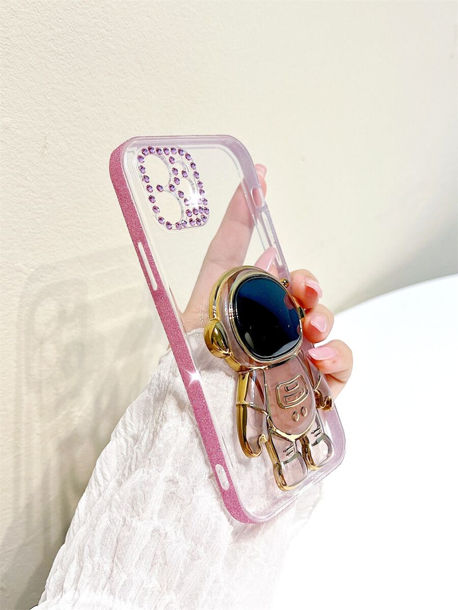 Funda de celular transparente con con diseño de astronauta Agarre de móvil emergente - Rosa - Ver 1