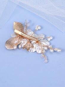 仿珍珠花朵装饰新娘鳄鱼夹发夹波西米亚风情人节婚礼发饰 - 白色 - 查看 2