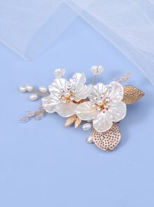 仿珍珠花朵装饰新娘鳄鱼夹发夹波西米亚风情人节婚礼发饰 - 白色 - 查看 3