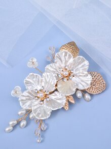 仿珍珠花朵装饰新娘鳄鱼夹发夹波西米亚风情人节婚礼发饰 - 白色 - 查看 6