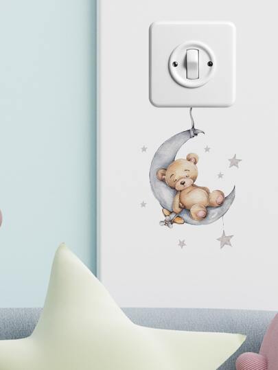1pc Moon & Bear Pattern Switch Outlet Wall Sticker, Cartoon Animal Print PVC Switch Sticker For Home Decoration,Stickers,Wall Decal, Vinyl Decal For Home Decorations,Spring Decoration Items Refresh Your Home,Rama Decoration Stickers Gifts Birthday Graduation