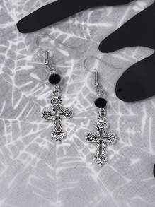 交叉裝飾耳墜 - 復古銀色 - 查看 1