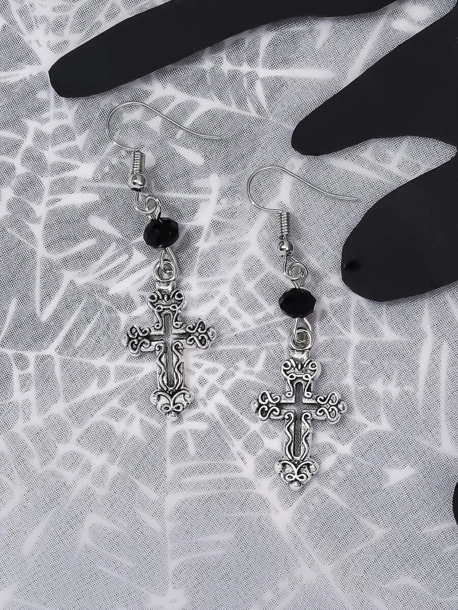 交叉裝飾耳墜 - 復古銀色 - 查看 1