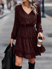 SHEIN LUNE Leopard Print Bishop Sleeve Ruffle Hem Dress - Burgundy - View 1