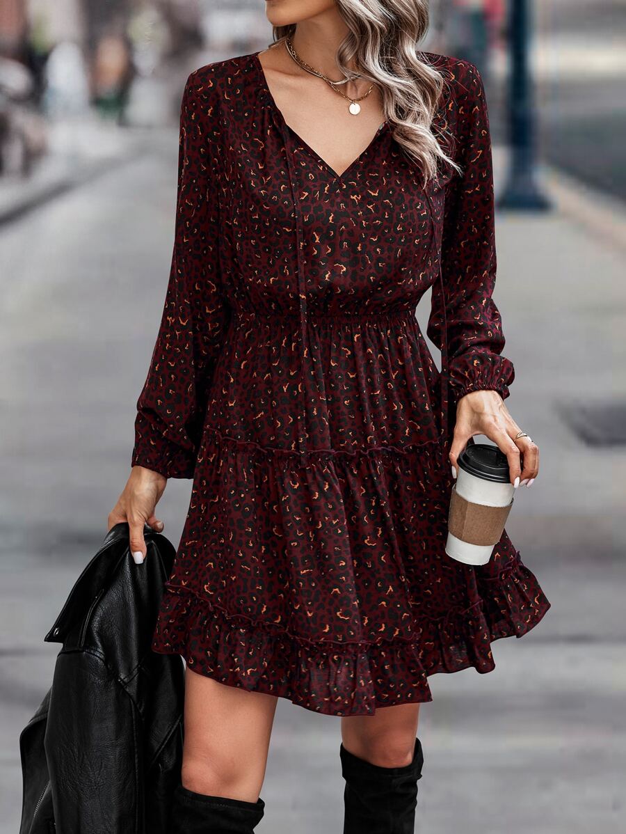 SHEIN LUNE Leopard Print Bishop Sleeve Ruffle Hem Dress - Burgundy - View 1