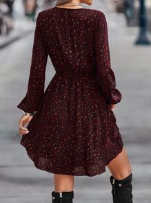 SHEIN LUNE Leopard Print Bishop Sleeve Ruffle Hem Dress - Burgundy - View 2