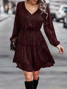 SHEIN LUNE Leopard Print Bishop Sleeve Ruffle Hem Dress - Burgundy - View 4