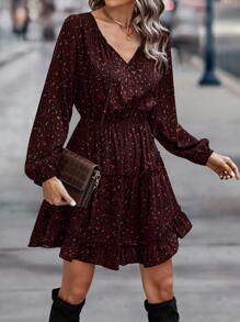 SHEIN LUNE Leopard Print Bishop Sleeve Ruffle Hem Dress - Burgundy - View 5