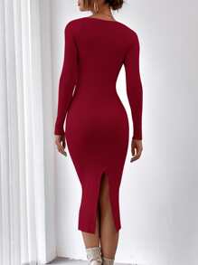 SHEIN Essnce Square Neck Raglan Sleeve Slit Back Sweater Dress Without Belt - Burgundy - View 2