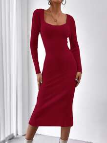 SHEIN Essnce Square Neck Raglan Sleeve Slit Back Sweater Dress Without Belt - Burgundy - View 4