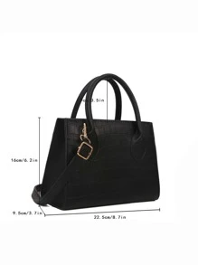 鱷魚壓紋雙把手方包 - 黑色 - 查看 3