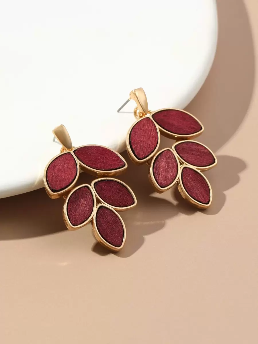 Leaf Drop Earrings - Burgundy - View 1