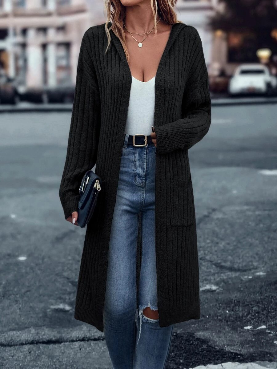 SHEIN LUNE Drop Shoulder Pocket Patched Split Hem Hooded Duster Cardigan - Black - View 1