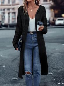 SHEIN LUNE Drop Shoulder Pocket Patched Split Hem Hooded Duster Cardigan - Black - View 3