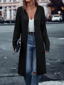 SHEIN LUNE Drop Shoulder Pocket Patched Split Hem Hooded Duster Cardigan - Black - View 4