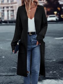 SHEIN LUNE Drop Shoulder Pocket Patched Split Hem Hooded Duster Cardigan - Black - View 6