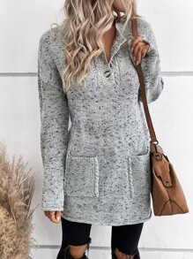 SHEIN LUNE Marled Knit Drop Shoulder Pocket Patched Sweater - Grey - View 1