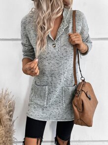 SHEIN LUNE Marled Knit Drop Shoulder Pocket Patched Sweater - Grey - View 3