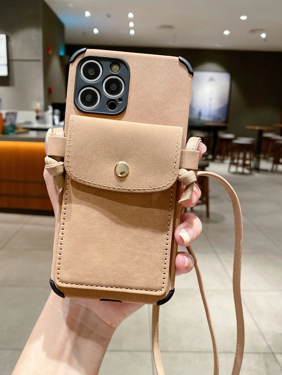 素色手機殼帶卡包和手機掛繩 - 米色 - 查看 1