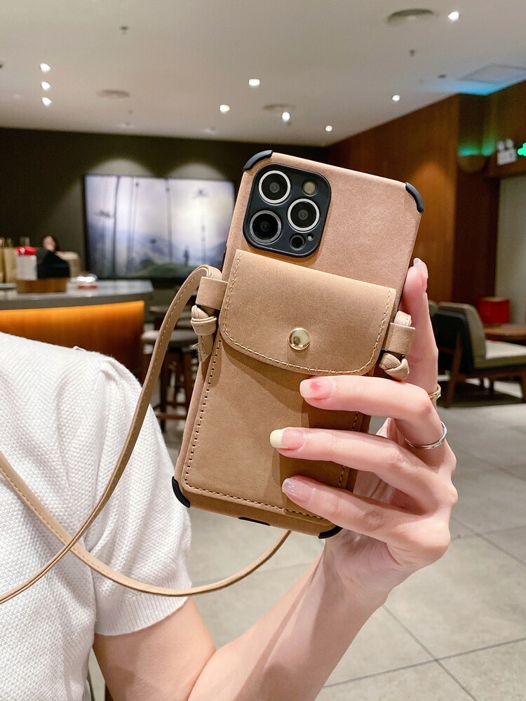 Plain Phone Case With Card Bag & Lanyard - Beige - View 3