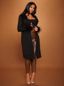 SHEIN SXY Fuzzy Trim Open Front Coat - Black - View 4