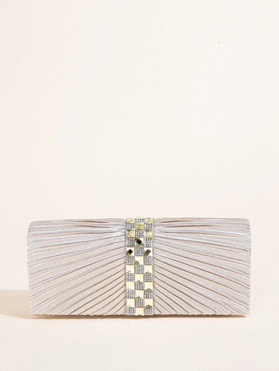 Bolso cuadrado plisado con decoración de diamantes de imitación de satén, monedero de novia perfecto para bodas, bailes y eventos de fiesta