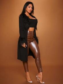 SHEIN SXY Fuzzy Trim Open Front Coat - Black - View 5