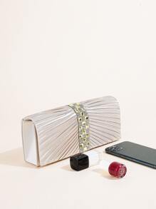 Bolso cuadrado plisado con decoración de diamantes de imitación de satén, monedero de novia perfecto para bodas, bailes y eventos de fiesta