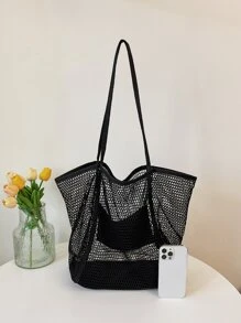 鏤空網紗海灘包 - 黑色 - 查看 4