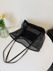 鏤空網紗海灘包 - 黑色 - 查看 2