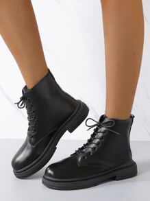 Lace-up Front Combat Boots - Black - View 1