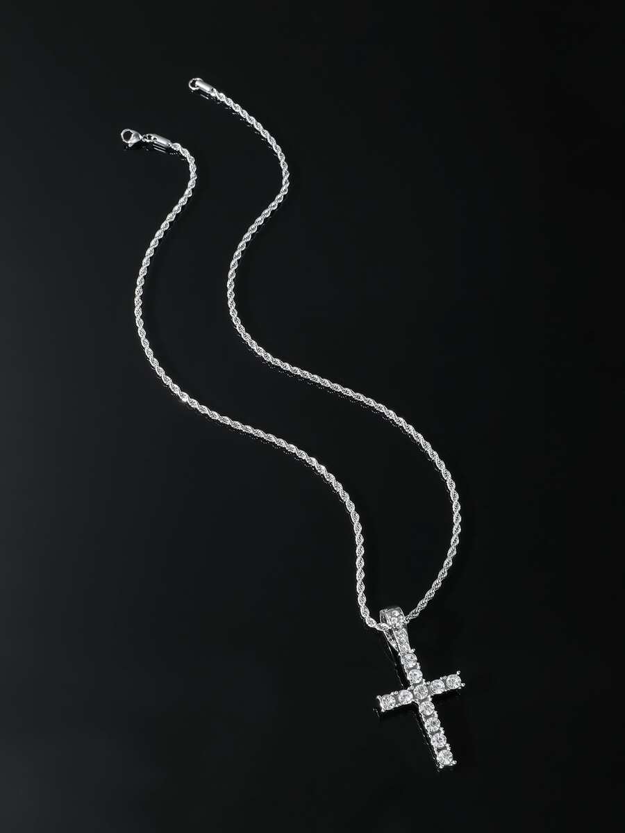 For Women Men Rhinestone Cross Charm Necklace Inlaid Cubic Zirconia Simple Exquisite Alloy for Jewelry Gift