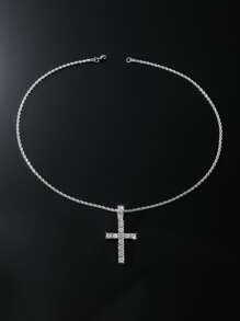 For Women Men Rhinestone Cross Charm Necklace Inlaid Cubic Zirconia Simple Exquisite Alloy for Jewelry Gift - Silver - View 4