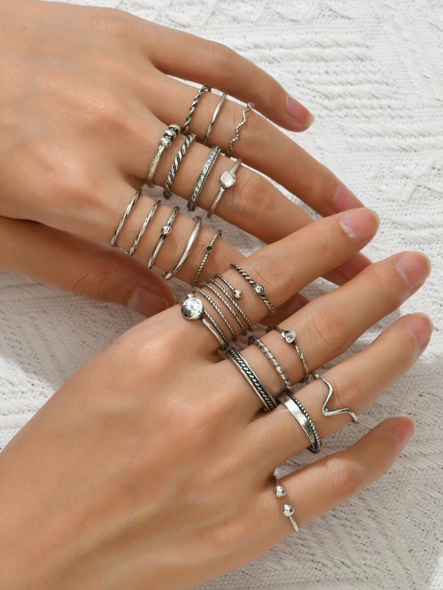 20 cái Rhinestone & Heart Decor Ring - Màu Bạc Cổ - Xem 1