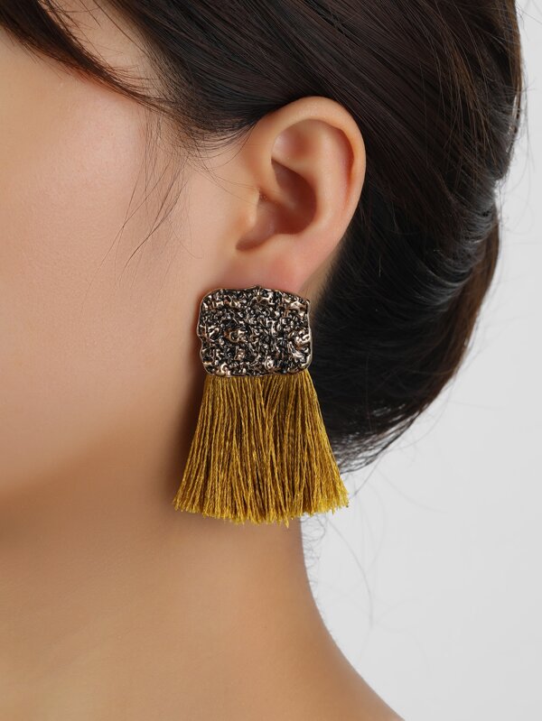 1pair Retro Casual Elegant Textured Tassel Fringe Decor Earrings For Women Girls Accessories Jewelry