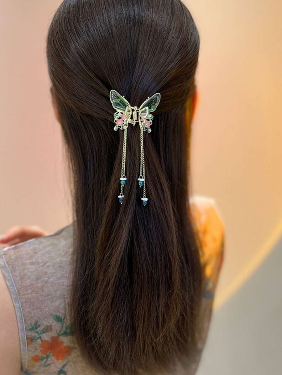Flower & Faux Pearl Decor Butterfly Design Hair Claw