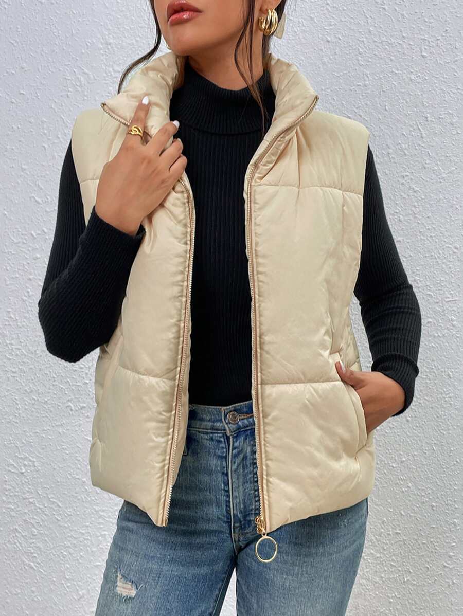 Slant Pockets Sleeveless Padded Padded Coat Clothes Winter - Beige - View 1