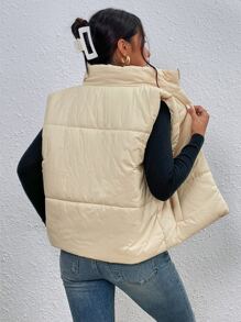 Slant Pockets Sleeveless Padded Padded Coat Clothes Winter - Beige - View 2