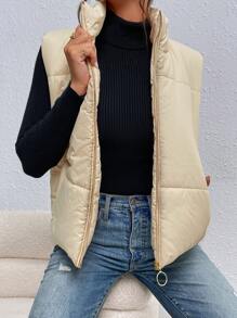 Slant Pockets Sleeveless Padded Padded Coat Clothes Winter - Beige - View 3