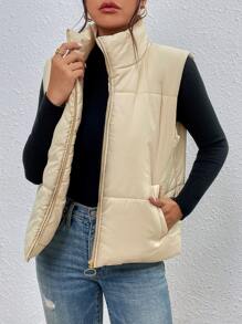 Slant Pockets Sleeveless Padded Padded Coat Clothes Winter - Beige - View 4