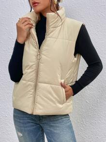 Slant Pockets Sleeveless Padded Padded Coat Clothes Winter - Beige - View 5