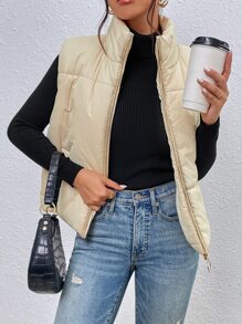 Slant Pockets Sleeveless Padded Padded Coat Clothes Winter - Beige - View 6