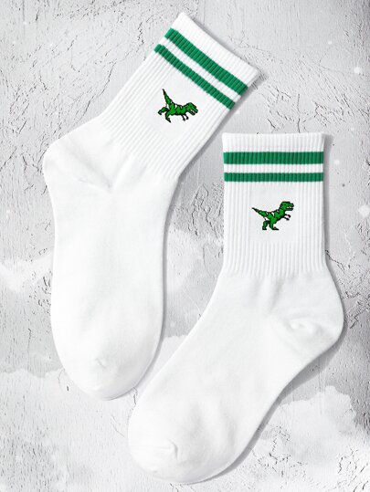 1 Çift Unisex Dinozor Baskılı Spor Orta Boy Çorap, Yumuşak, Rahat, Günlük, Nem Emici, Nefes Alabilir, Okula Dönen Öğrenciler ve Yetişkinler ve Çiftler İçin Günlük Kullanıma Uygun, Sonbahar Çorapları