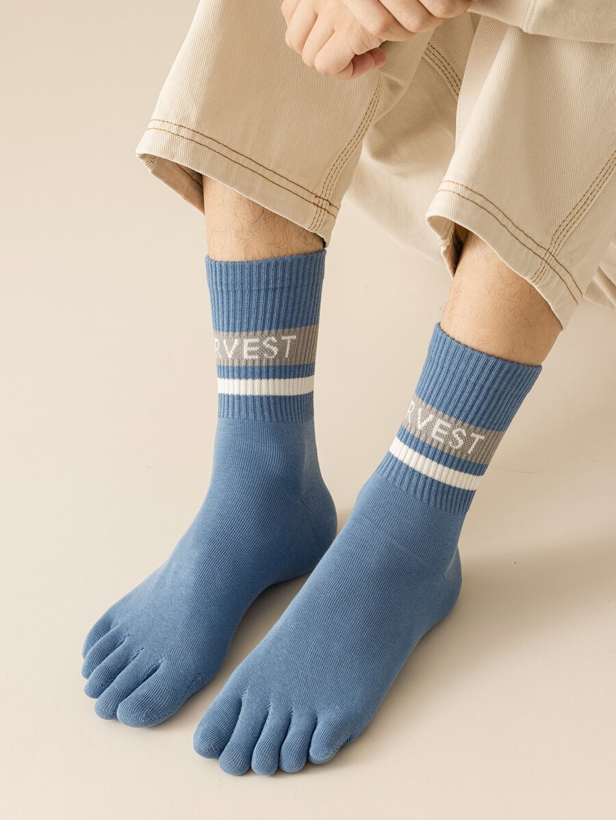 男士字母圖案五趾襪 - 藍色 - 查看 1