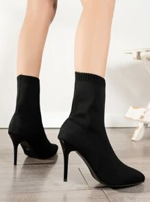 Stiletto Heeled Sock Boots - Black - View 2